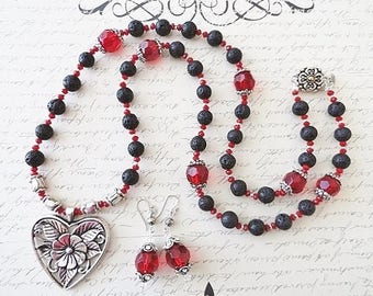 Lava Stone Necklace Floral Heart Necklace Silver Heart Jewelry Gift Set Long Necklace Earrings Handmade Holiday Valentines Day Birthday Gift