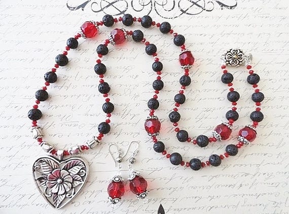 Lava Stone Necklace Floral Heart Necklace Silver Heart Jewelry Gift Set Long Necklace Earrings Handmade Holiday Valentines Day Birthday Gift