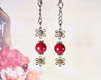 Long Floral Earrings, Brass Flower Charm Earrings, Holiday Earrings, Flower Earrings, Handmade Jewelry, Birthday, Mothers Day, Gift For Her