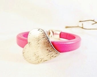 Pink Licorice Leather Bracelet Rose Pink Bracelet Silver Heart Bracelet Greek Leather Bracelet Valentines Day Handmade Birthday Gift for Her
