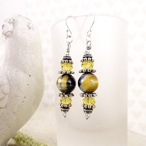 Blue And Gold Cat Eye Earrings Gemstone Jewelry And Silver Handmade Jewelry Gift Dangle Earrings Mother&#39;s Day Holiday Birthday Gift For Her