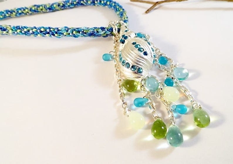 Sea Life Necklace Kumihimo Necklace Turquoise Aqua /& Lime With Silver Shell Pendant Silk Fiber Necklace Resort Jewelry Birthday Gift For Her
