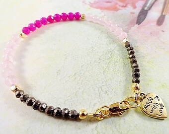 Friendship Bracelet Gemstone Bracelet Calming Stone Layering Bracelet Pyrite & Jade Jewelry Pink Bracelet Handmade Birthday Friend Gift