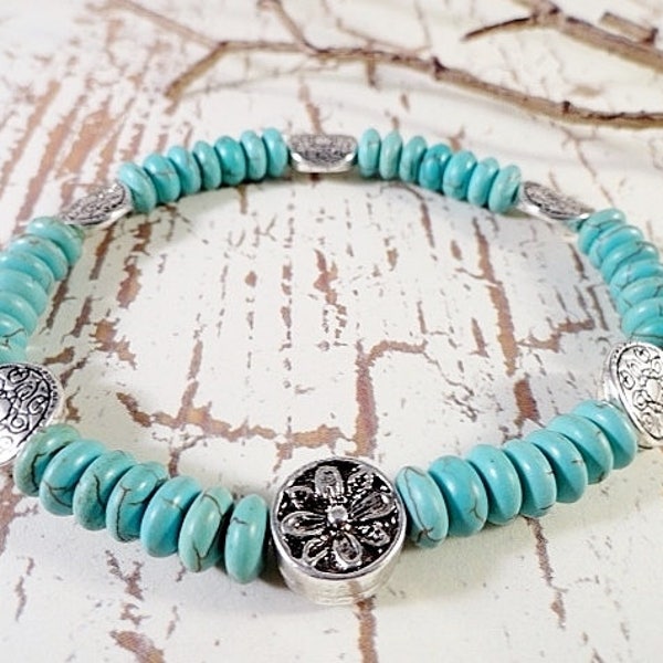Turquoise Bracelet, Turquoise And Silver, Stretch Bracelet, Healing Stone, Gemstone Jewelry, Summer Jewelry, Gift For Her, JewelryByPJ