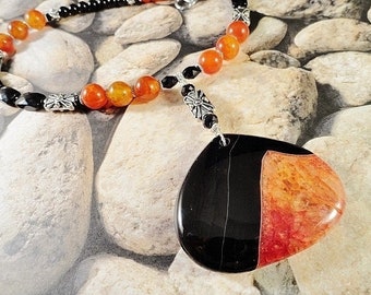 Orange Black Jade Necklace, Geode Agate Necklace, Autumn Jewelry, Gemstone Necklace, Handmade Fall Jewelry Gift, Birthday, Mothers Day Gift