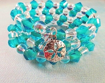 Aqua Bracelet Sea Charm Bracelet Glass Beaded Wrap Bracelet Beach Charm Bracelet Summer Jewelry Gift Birthday Gift Handmade Gift For Her