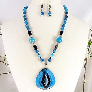 Blue Necklace Set Agate Gemstone Necklace Druzy Necklace Gemstone Earrings Agate & Onyx Necklace Handmade Jewelry Birthday Mothers Day Gift