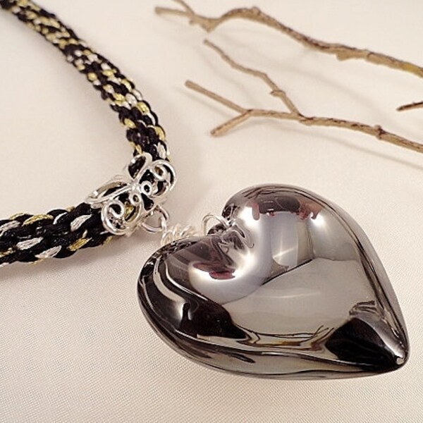 Black Heart Necklace Valentines Day Jewelry Black Kumihimo Necklace Murano Glass Heart Pendant Valentines Day Birthday Christmas Gift