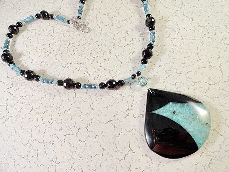 Gemstone Necklace Aqua With Black Necklace Druzy Geode Agate Necklace Handmade Jewelry Necklace Aqua Necklace Birthday Mothers Day Gift