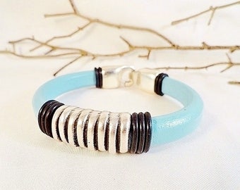 Aqua Blue Leather Bracelet Licorice Leather Blue Bracelet Turquoise Bracelet Bangle Bracelet Handmade Jewelry Mothers Day Birthday Gift