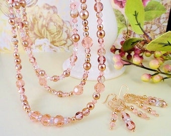 Pearl And Crystal Necklace Rose Gold Jewelry Gift Set Chandelier Earrings Triple Strand Crystal And Pearl Necklace Handmade Wedding Jewelry