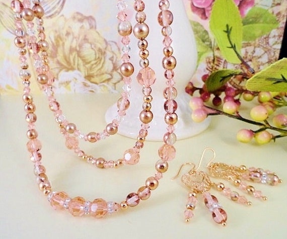 Pearl And Crystal Necklace Rose Gold Jewelry Gift Set Chandelier Earrings Triple Strand Crystal And Pearl Necklace Handmade Wedding Jewelry