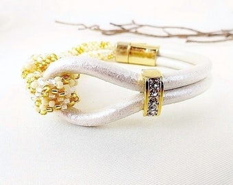 White Bracelet Love Knot Bracelet Metallic Leather Bracelet Kumihimo Bracelet Handmade Bridal Jewelry Wedding Gift Birthday Mothers Day Gift