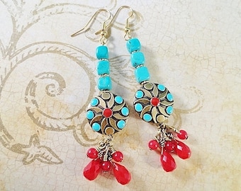 Candy Red Jade Earrings Turquoise Earrings Long Dangle Earrings Southwestern Jewelry Summer Jewelry Gift For Wife Handmade Birthday Gift
