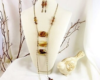 Long Gemstone Necklace Set Lariat Necklace Earthy Fall Jewelry Tiger Eye Earrings Handmade Jewelry Set Gemstone Earrings Birthday Gift