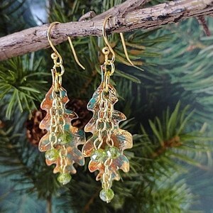 Long Fall Leaf Earrings, Autumn Leaf Earrings, Gold Leaf Earrings, Gold & Green Earrings, Handmade Jewelry Gift, Birthday, Fall Holiday Gift