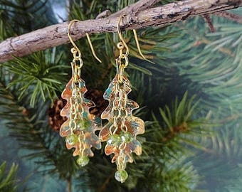 Long Fall Leaf Earrings, Autumn Leaf Earrings, Gold Leaf Earrings, Gold & Green Earrings, Handmade Jewelry Gift, Birthday, Fall Holiday Gift