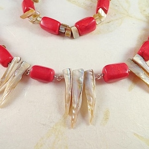 Red Coral Necklace Bracelet & Earrings Red Coral Jewelry Set Red Necklace Mother Of Pearl Jewelry Handmade Jewelry Birthday Gift For Her