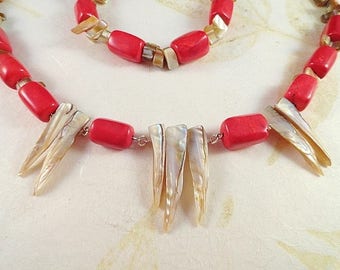 Red Coral collar pulsera y pendientes rojo coral joyería conjunto rojo collar madre de perla joyería hecha a mano joyería regalo de cumpleaños para su