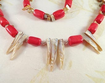 Red Coral Necklace Bracelet & Earrings Red Coral Jewelry Set Red Necklace Mother Of Pearl Jewelry Handmade Jewelry Birthday Gift For Her