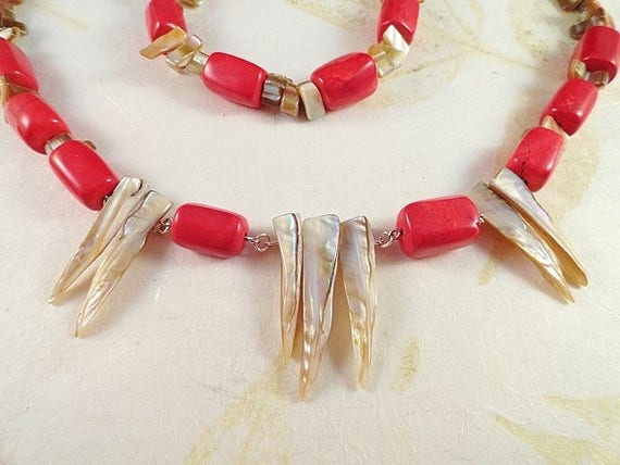 Red Coral Necklace Bracelet & Earrings Red Coral Jewelry Set Red Necklace Mother Of Pearl Jewelry Handmade Jewelry Birthday Gift For Her