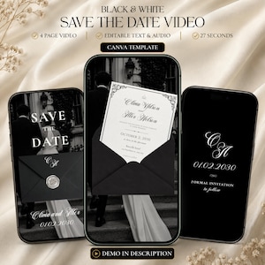 May include: Three smartphones display a black and white wedding save the date video template. The screens show elegant typography, a black envelope with a wax seal, and the names Olivia Wilson and Alex Nelson with the date 02 October 2030.