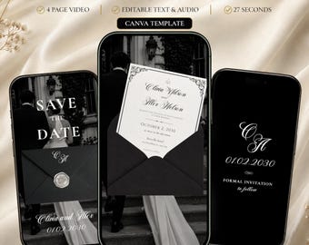 Black and White Save the Date Video Invite, Elegant Wedding Invitation, Digital Download, Wedding Video Invitation, Editable Mobile Template