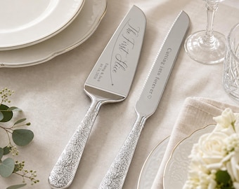 Personalized Wedding Cake Knife Set, Engraved Silver Server