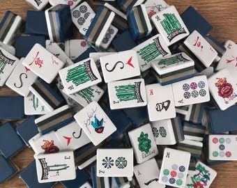 Amerikanische Mahjong Fliesen Set | Weiß Blaue Komplette Spielfiguren 32x12mm