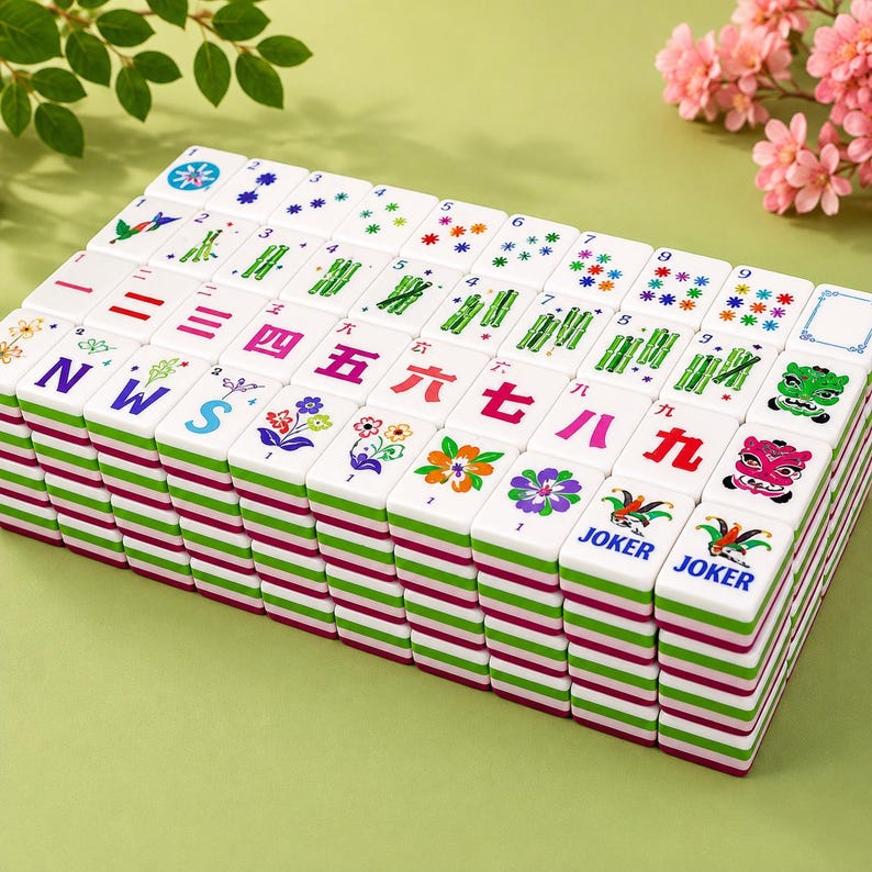 K&ouml;nnte beinhalten: Ein Set aus wei&szlig;en Mahjong-Spielsteinen, die in einem rechteckigen Block angeordnet sind. Die Steine zeigen bunte Illustrationen von Blumen, Bambus, Zahlen und das Wort JOKER. Jeder Stein hat eine geschichtete Basis mit horizontalen Streifen.