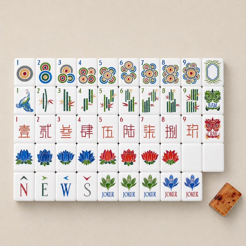 May include: A set of white Mahjong tiles arranged in a grid, featuring colorful illustrations of circles, bamboo, Chinese characters, lotus flowers, and directional letters. Each tile displays a unique design, including a peacock and a dragon.