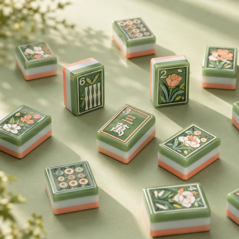 May include: A collection of rectangular mahjong tiles featuring a three-layered design with a green top, white middle, and peach-colored base. The tiles display various floral illustrations, numerical characters, and the Chinese characters 3 and 萬.