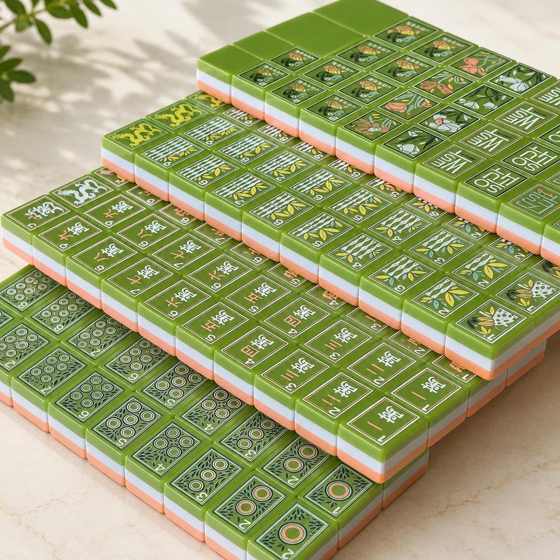May include: A set of rectangular mahjong tiles featuring a green top surface with various engraved designs including Chinese characters, bamboo stalks, circles, and floral patterns. Each tile has a white base and is arranged in stacked rows.