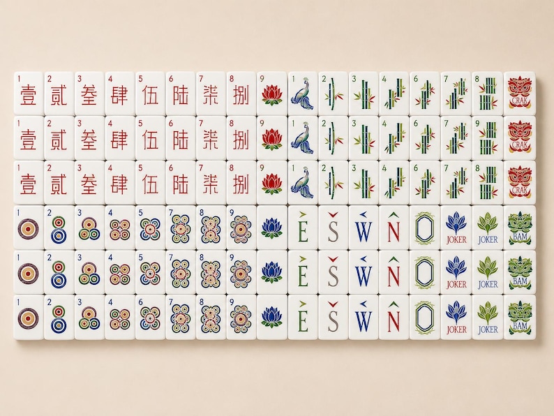 May include: A complete set of white Mahjong tiles arranged in a grid. The tiles feature red Chinese characters, colorful floral motifs, green bamboo stalks, directional letters E, S, W, N, blue lotus flowers, Joker labels, and green dragon icons.
