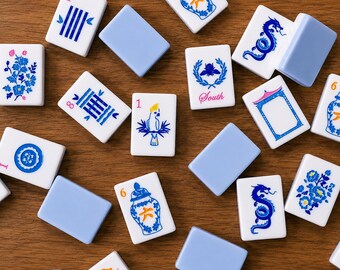 Blaue und weiße Porzellan-Chinoiserie Mahjong-Fliesen - 160 Acryl- oder Melaminfliesen