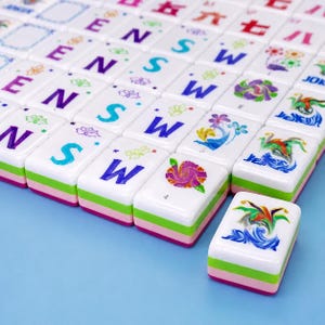K&ouml;nnte beinhalten: Ein Set rechteckiger Mahjong-Spielsteine mit wei&szlig;en Oberseiten, die bunte Buchstaben E, N, S, W, florale Motive und chinesische Schriftzeichen zeigen. Jeder Spielstein hat eine geschichtete Basis mit gr&uuml;nen und rosa Streifen, angeordnet in einem Raster.