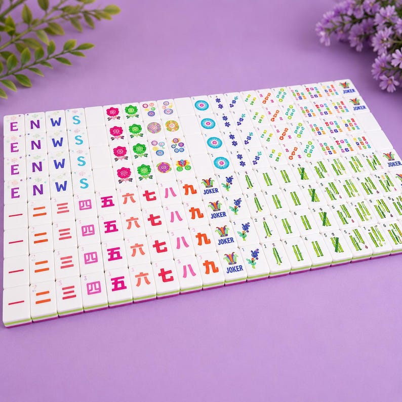 K&ouml;nnte beinhalten: Ein Set aus wei&szlig;en Mahjong-Spielsteinen, die in einem Raster angeordnet sind und bunte Druckmotive wie chinesische Schriftzeichen, Blumenmuster, Bambusstangen, Kreise, die Buchstaben E, N, W, S sowie mit Joker beschriftete Steine zeigen.