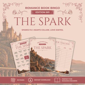 May include: A Romance Book Bingo Edition 001 game set titled The Spark, featuring a castle illustration, a bingo grid with book titles, and a book tracker page. The design uses a muted rose color palette with decorative floral borders and text.