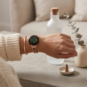 May include: A rose gold smartwatch with a circular face and a metallic chain-link band, worn alongside a thin rose gold bangle bracelet. The watch display shows a digital interface with the time 10:10 and several circular activity tracking icons.