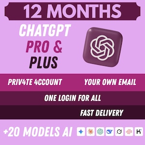 Może przedstawiać: Cyfrowa grafika z jasnofioletowym tłem zawierająca tekst 12 MONTHS, CHATGPT PRO & PLUS, PRIV4TE 4CCOUNT, YOUR OWN EMAIL, ONE LOGIN FOR ALL, FAST DELIVERY oraz +20 MODELS AI, wraz z fioletową ikoną logo ChatGPT.