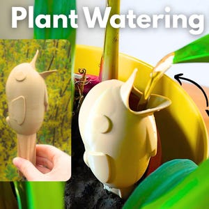 Könnte beinhalten: Eine beige, vogelgeformte Pflanzenbewässerungshilfe mit offenem Schnabel, die in die Erde gesteckt wird. Der Text "Plant Watering Bird" steht oben, und ein Pfeil zeigt auf den Schnabel mit dem Wort "water", um die Einfüllstelle zu markieren.