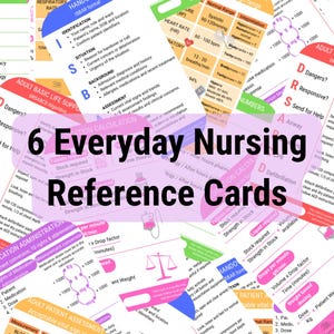 May include: A set of 6 everyday nursing reference cards featuring medical charts, ISBAR handover formats, vital sign ranges, and medication calculation formulas printed in various colors including blue, orange, pink, and white text.