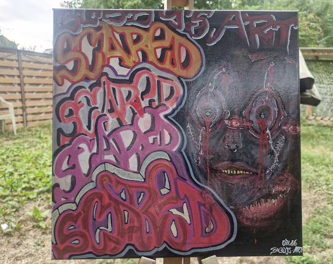 Scared – Original Graffiti Painting 40 x 40 cm – Dark Urban Art – Horror Street Art – Hand-painted Canvas Unique Piece