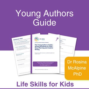May include: A printable workbook titled Young Authors Guide for children aged 6 to 14. The cover features the text Life Skills for Kids, The Young Author's Guide, and Story Planning and Creative Writing. It includes worksheets for antagonist analysis.