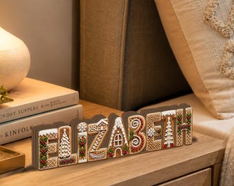 Personalized Gingerbread Name 2D FLAT Wooden Block Sign, Custom Name Christmas Decor, Gingerbread House Table Sign JDP116-WB