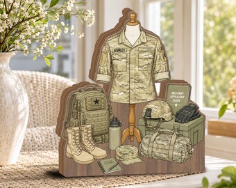 Personalized Female Military Uniform Wooden Block with Gear, Recruit Gift, Custom Soldier Keepsake JDPZ30-2