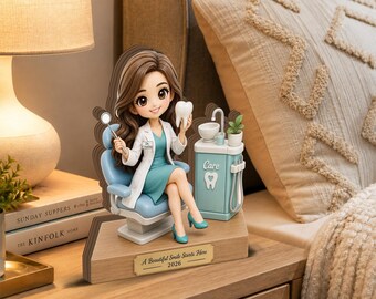 Personalized Female Dentist 2D FLAT Wooden Block Sign, Custom Dental Hygienist Name Desk Decor, Doctor Graduation Gift JDP114-WB