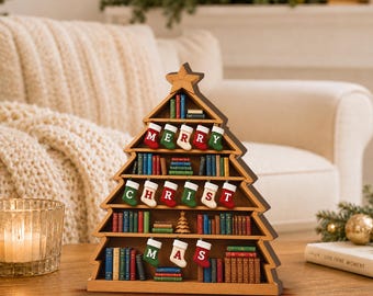 Personalized Christmas Tree Bookshelf 2D FLAT Wooden Block Sign, Custom Book Lover Library Decor, Reader Christmas Gift JDP118-WB