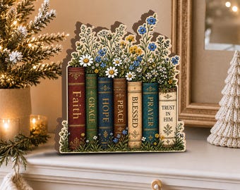 2D FLAT Christian Floral Book Wooden Block, Faith Bookshelf Decor, Bible Verse Inspired Rustic Christian Gift JDNC59-RD