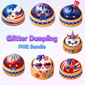 Glitter Dumpling PNG Bundle, 4th of July Kawaii Bao PNG, Cute American Flag Dumpling Clipart, Sublimation Design